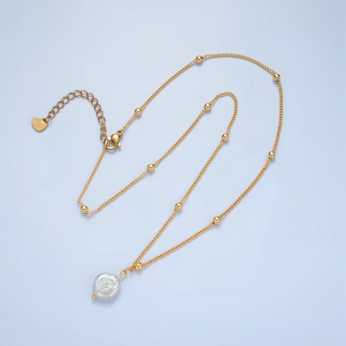 14K Gold Filled Satellite Bead Curb Chain Necklace with Mother of Pearl Charm 17.12 Inch with Extender | WA2576 - DLUXCA