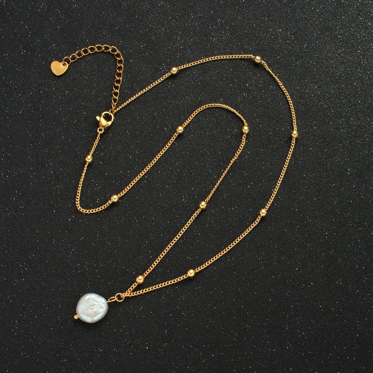 14K Gold Filled Satellite Bead Curb Chain Necklace with Mother of Pearl Charm 17.12 Inch with Extender | WA2576 - DLUXCA