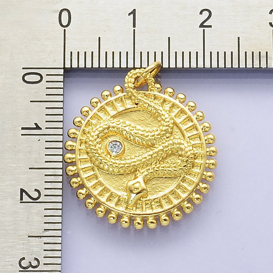 14K Gold Filled Snake Serpent Dotted Medallion Round Charm | E745 - DLUXCA