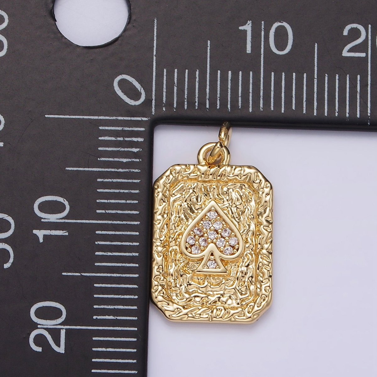 14K Gold Filled Spades Card Micro Paved CZ Hammered Rectangular Tag Charm | AG267 - DLUXCA