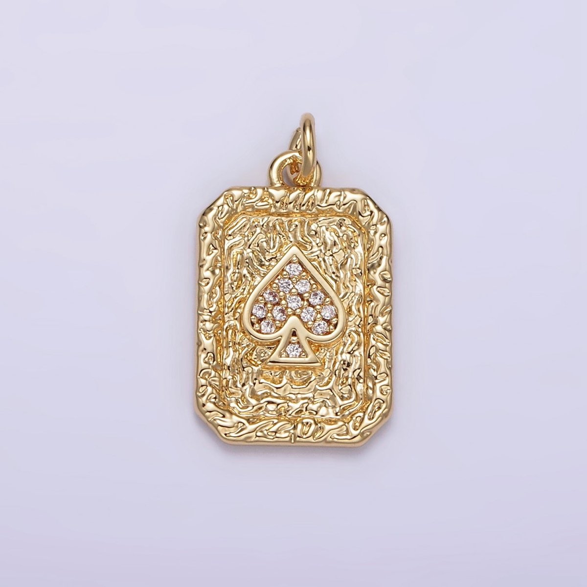 14K Gold Filled Spades Card Micro Paved CZ Hammered Rectangular Tag Charm | AG267 - DLUXCA