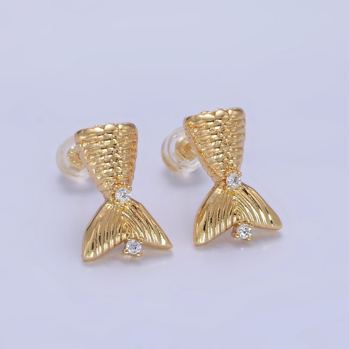 14K Gold Filled Textured Mermaid Fish Tail CZ Stud Earrings | Q231 - DLUXCA