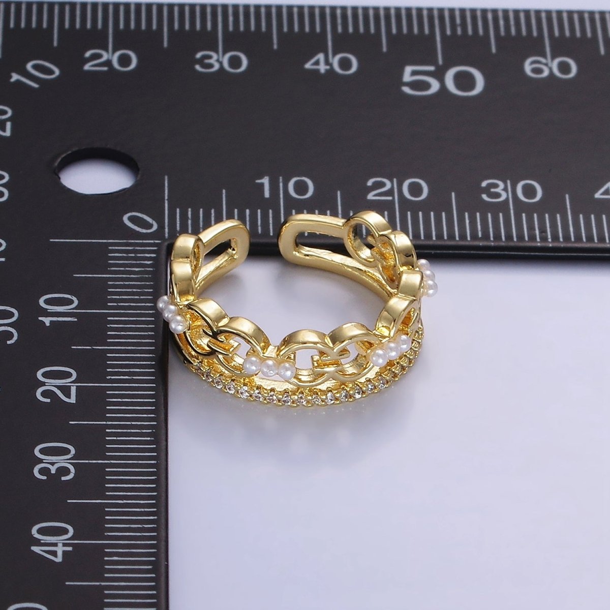 14K Gold Filled Triple Pearl Link Micro Paved CZ Double Band Ring | O108 - DLUXCA