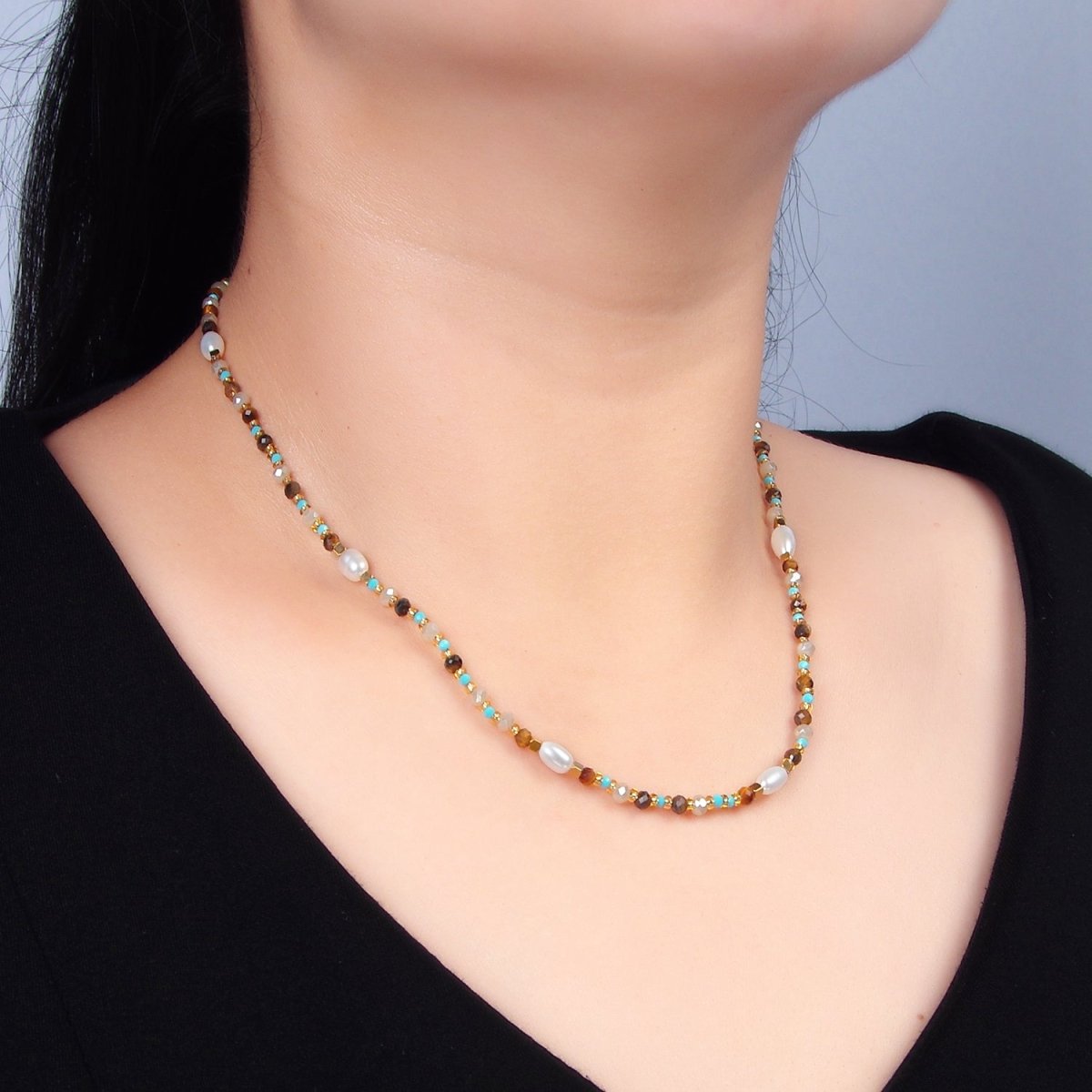 14K Gold Filled Turquoise Tiger Eye Pearl Irregular Bead 16 Inch Necklace | WA - 2646 - DLUXCA