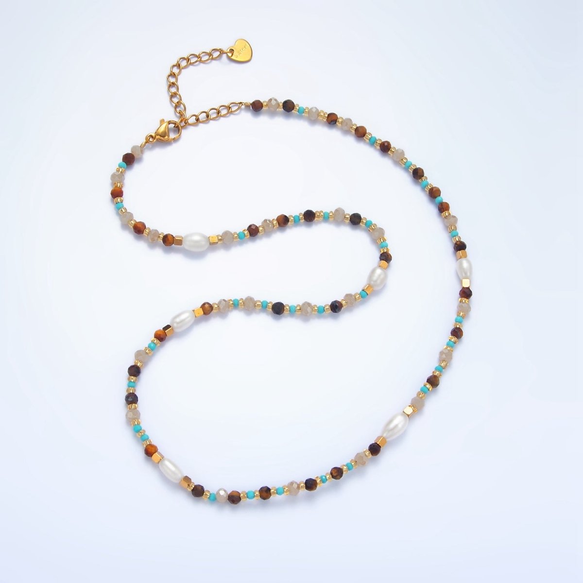 14K Gold Filled Turquoise Tiger Eye Pearl Irregular Bead 16 Inch Necklace | WA - 2646 - DLUXCA