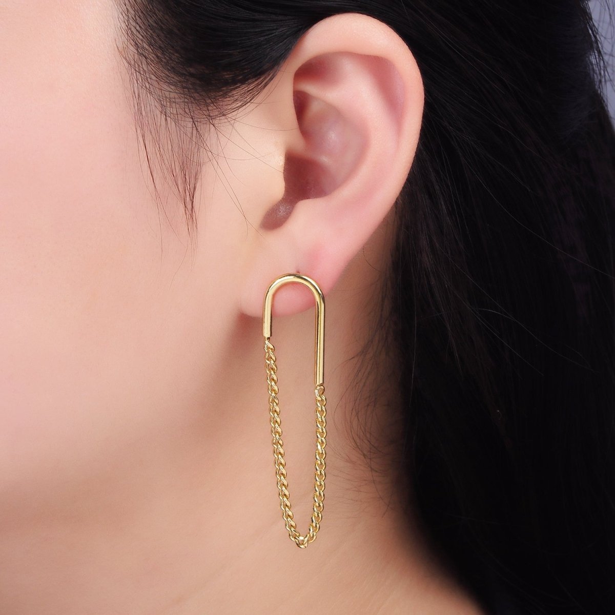 14K Gold Filled U Curb Chain Drop Stud Earrings | AB1177 - DLUXCA