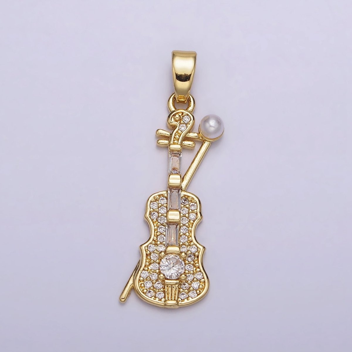 14K Gold Filled Violin Instrument Pearl Micro Paved CZ Pendant in Gold & Silver | AA715 - DLUXCA