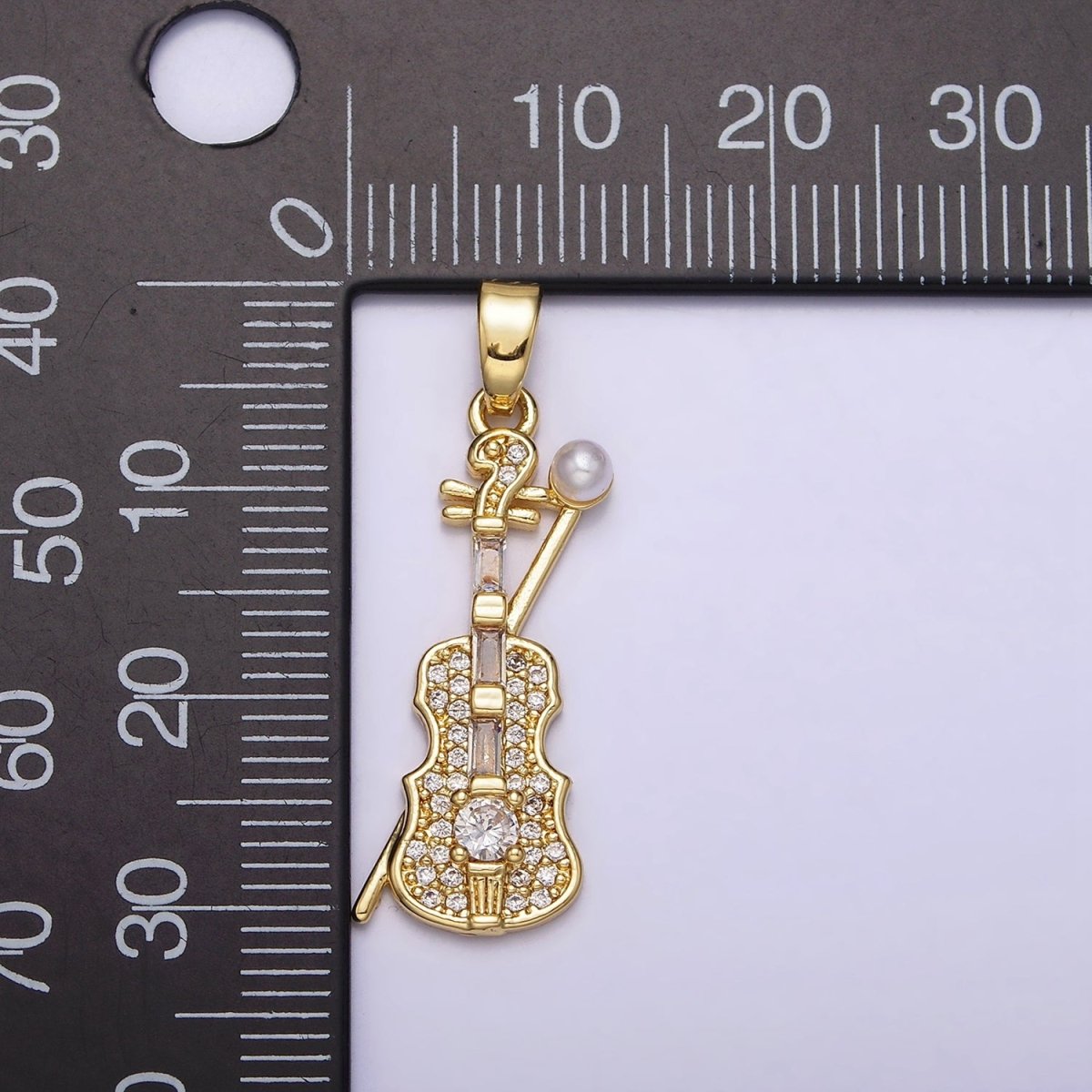 14K Gold Filled Violin Instrument Pearl Micro Paved CZ Pendant in Gold & Silver | AA715 - DLUXCA