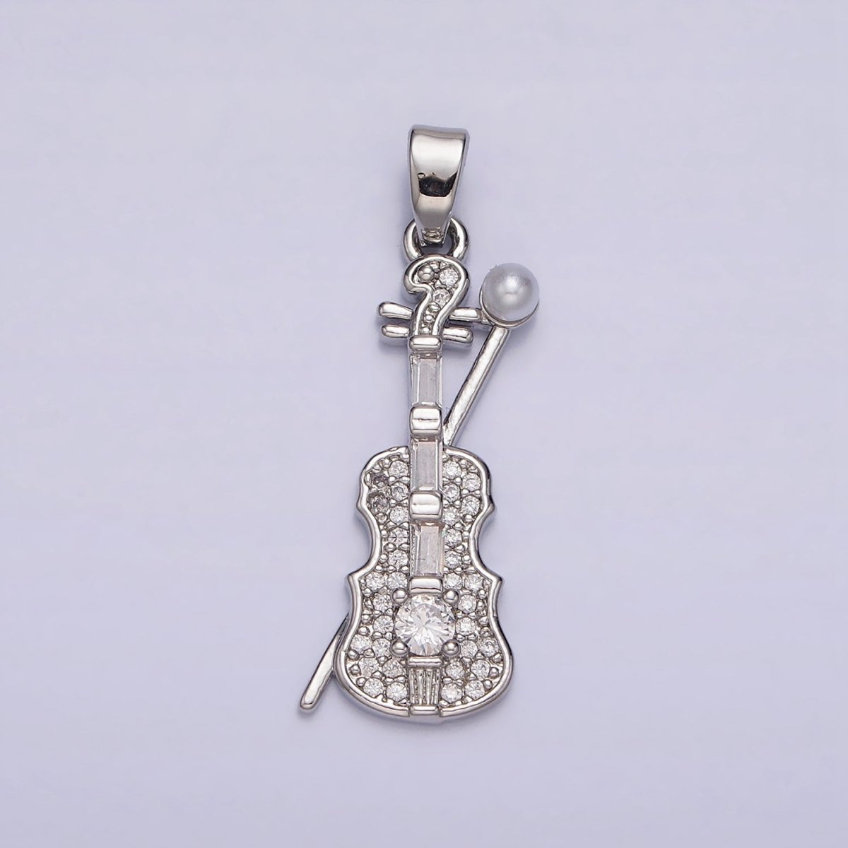 14K Gold Filled Violin Instrument Pearl Micro Paved CZ Pendant in Gold & Silver | AA715 - DLUXCA