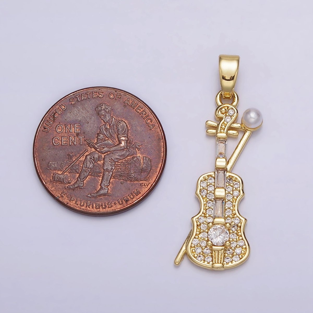 14K Gold Filled Violin Instrument Pearl Micro Paved CZ Pendant in Gold & Silver | AA715 - DLUXCA