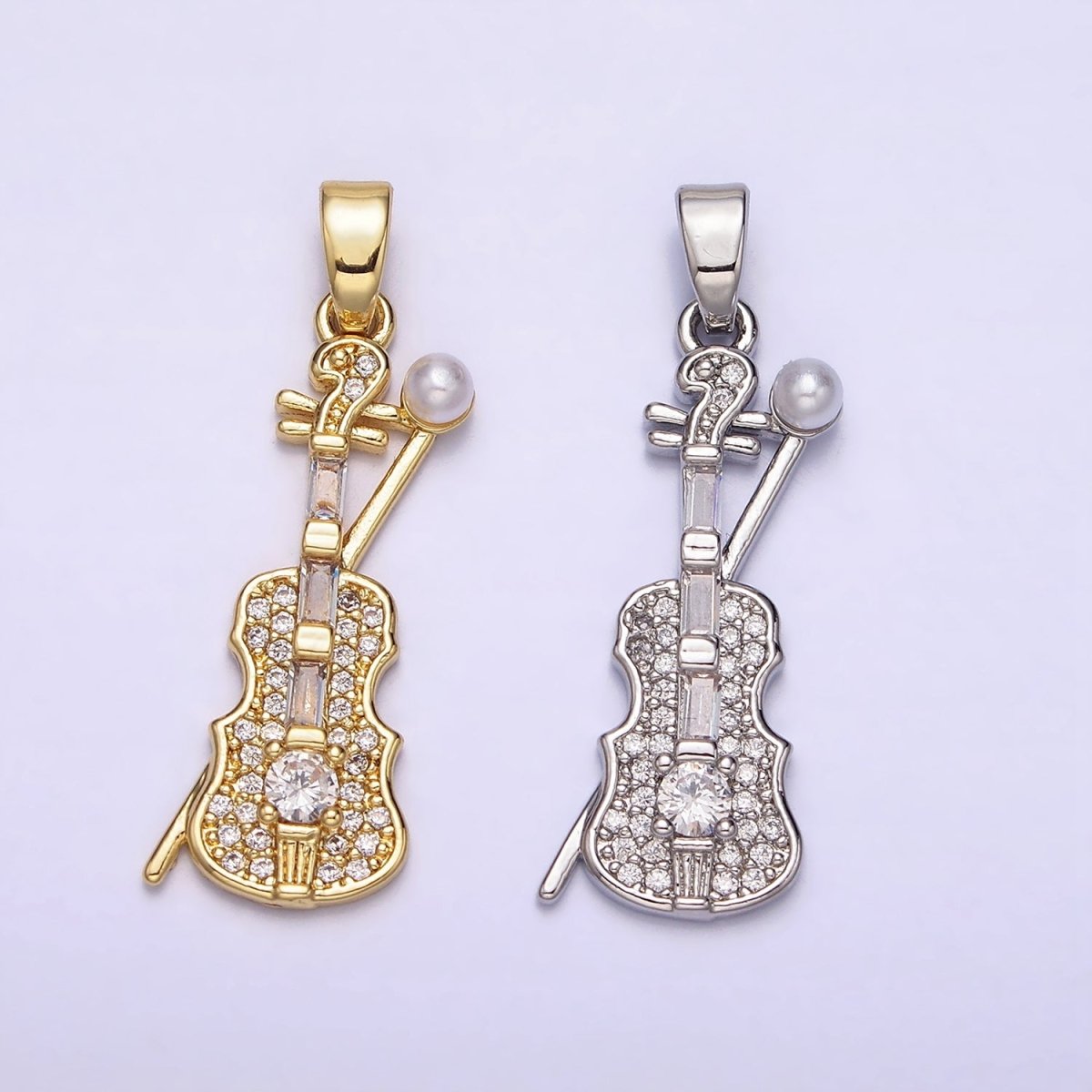 14K Gold Filled Violin Instrument Pearl Micro Paved CZ Pendant in Gold & Silver | AA715 - DLUXCA