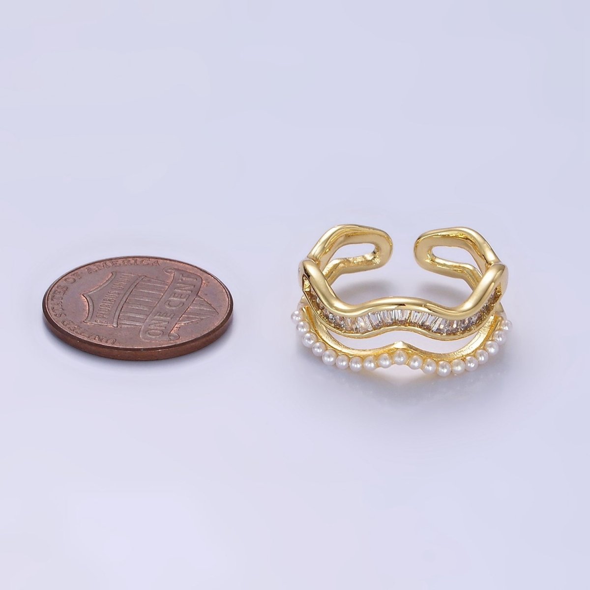 14K Gold Filled Wavy Baguette Pearl Double Band Ring | O094 - DLUXCA