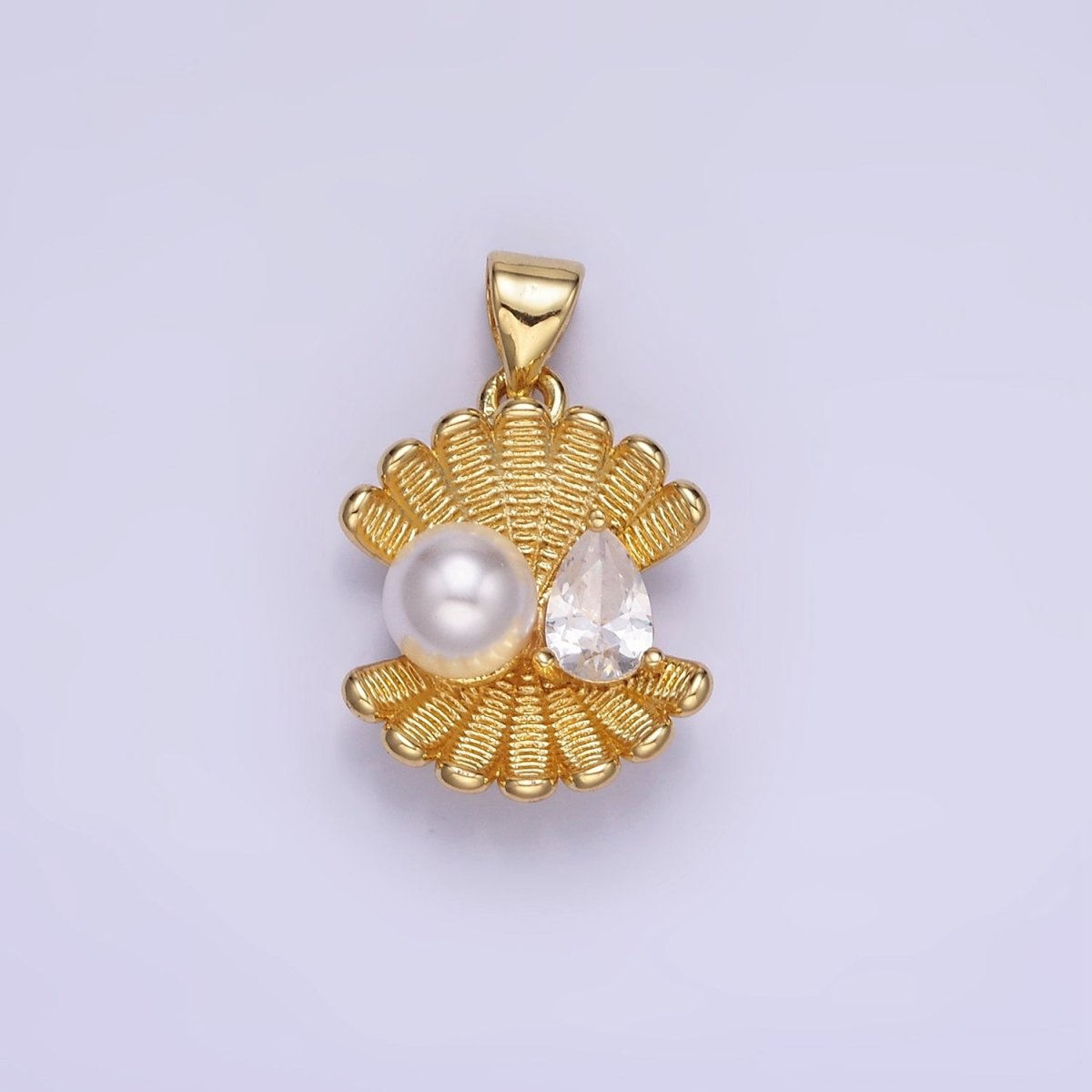14K Gold Filled20mm Pearl Teardrop CZ Textured Clam Shell Pendant | AA1313 - DLUXCA