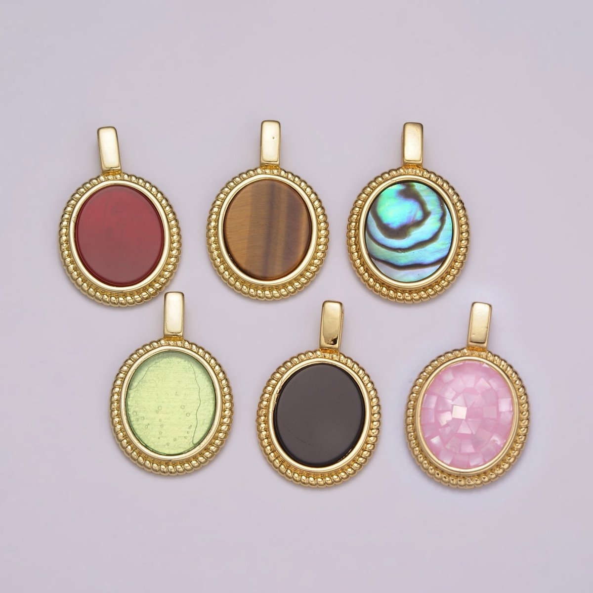 14K Yellow Gold Filled Oval Gemstone Medallion Pendant Abalone, Tiger Eye, Carnelian, Black ,Green Agate for Vintage Classic Minimalist Jewelry N - 478 - N - 482 - DLUXCA