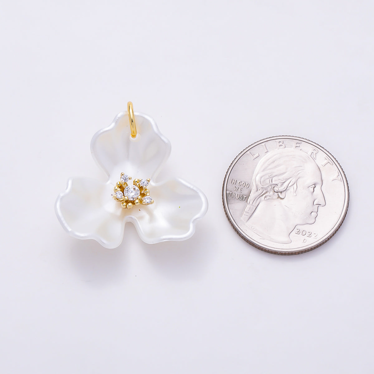 24K Gold Filled 22mm Round CZ White Orchid Bloom Flower Charm | N151