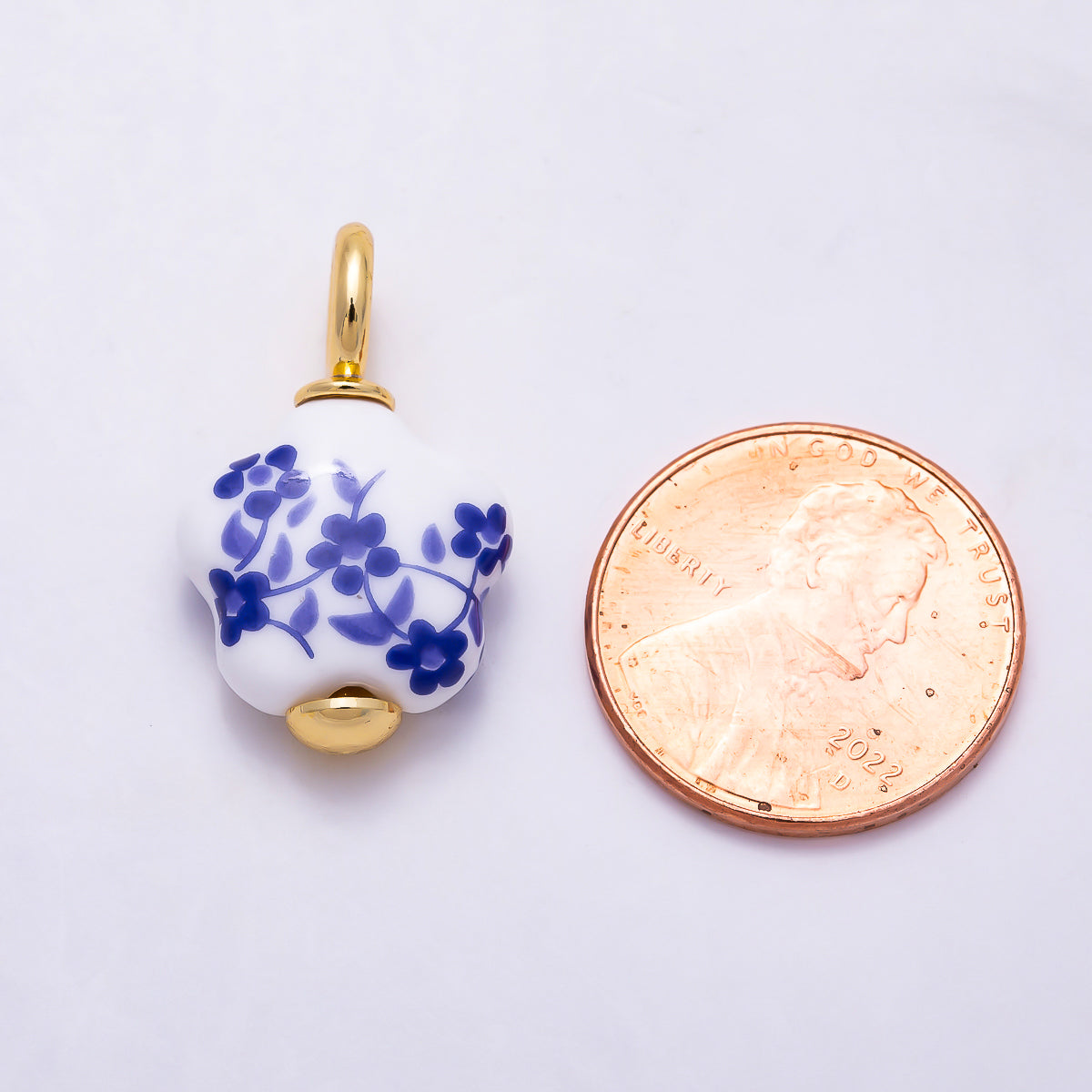 24K Gold Filled Blue Flower Ceramic Porcelain Drop Charm | W147