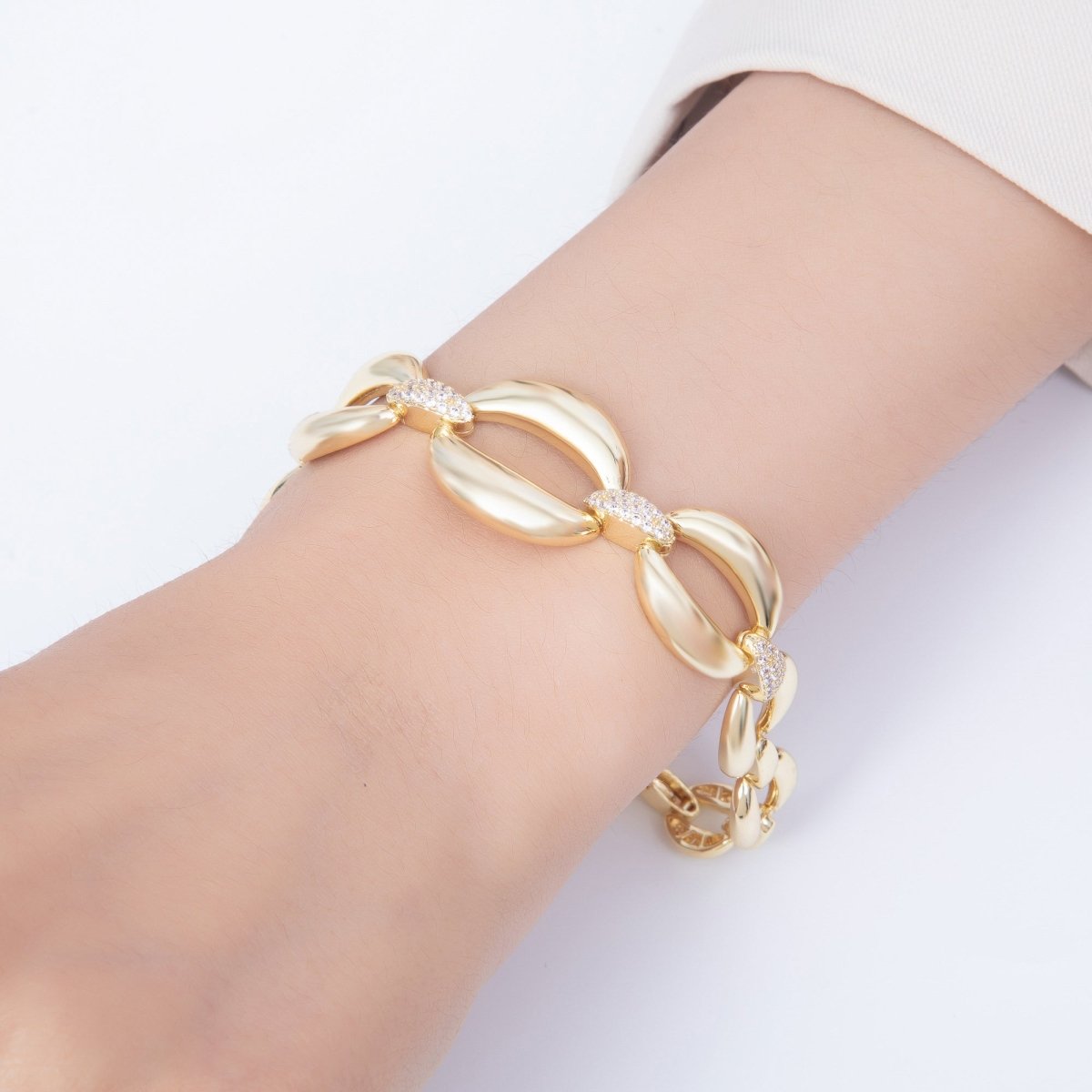 16K Gold 20mm Micro Paved CZ Puffed Mariner Link Bracelet | WA-00452 WA-00454 - DLUXCA