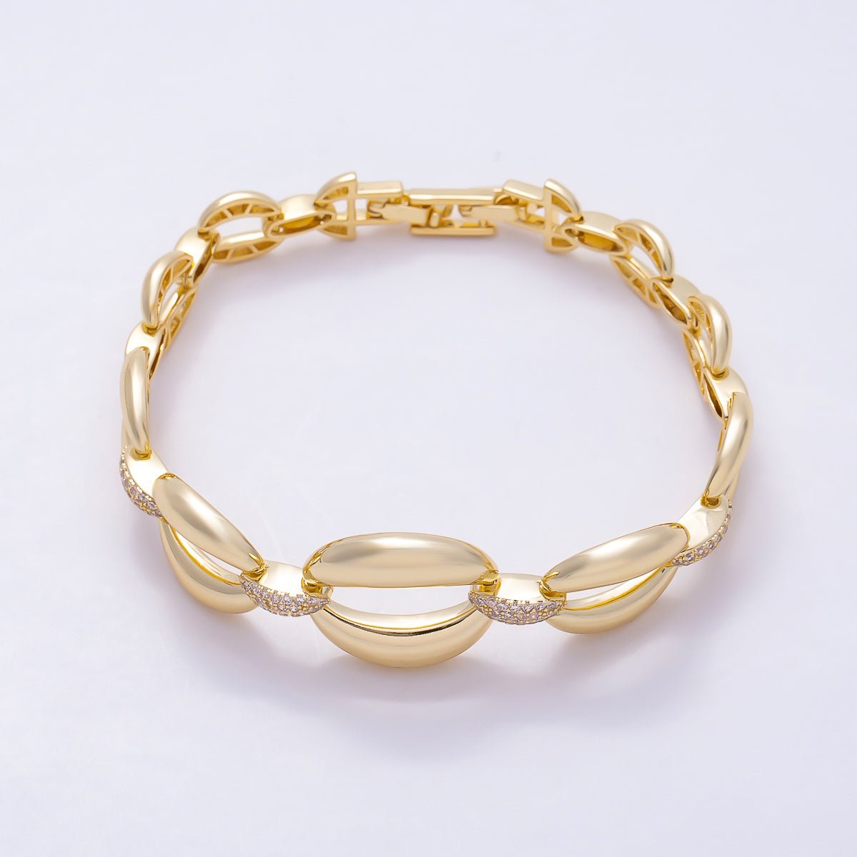 16K Gold 20mm Micro Paved CZ Puffed Mariner Link Bracelet | WA-00452 WA-00454 - DLUXCA