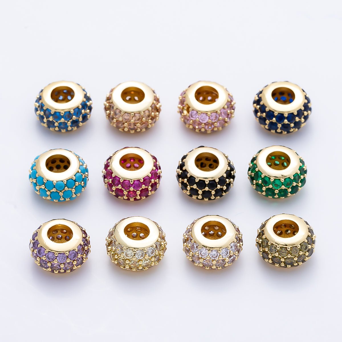16K Gold Filled 10.5mm Micro Paved CZ Chubby Rondelle Bead | Beads-00387 ~ Beads-00398 - DLUXCA