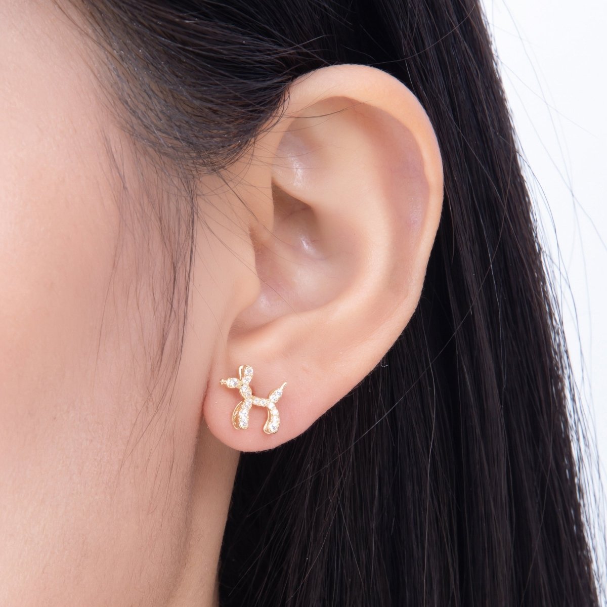 16K Gold Filled 10mm Balloon Animal Micro Paved CZ Stud in Gold & Silver | Earrings-00779 - DLUXCA