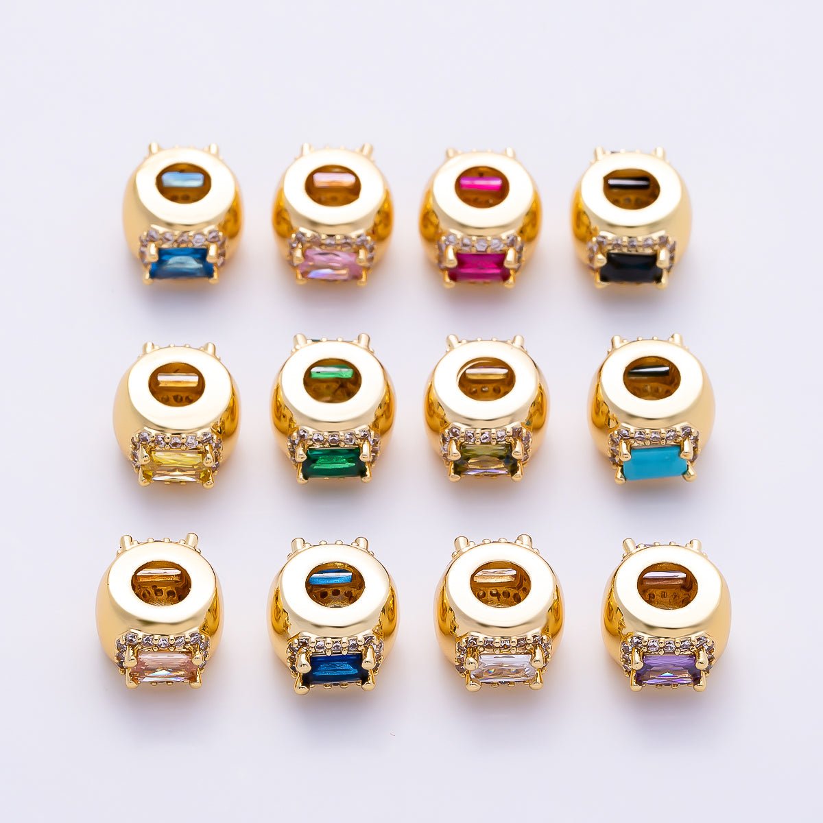 16K Gold Filled 10mm Birthstone Baguette Micro Paved CZ Chubby Rondelle Bead | Beads-00363 ~ Beads-00374 - DLUXCA