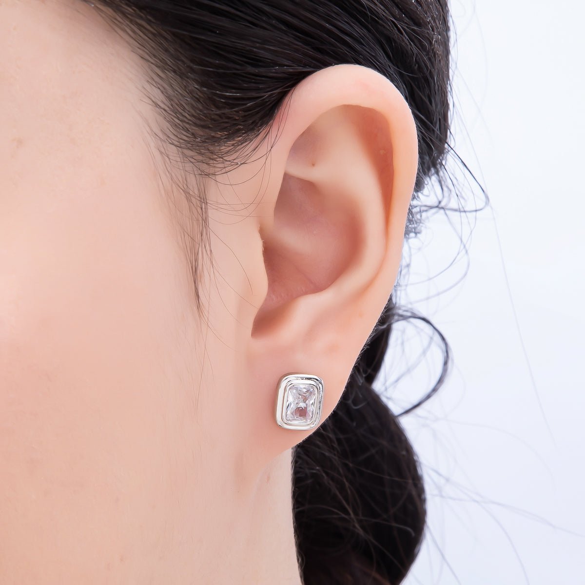 16K Gold Filled 10mm Clear CZ Baguette Bezel Stud Earrings in Gold & Silver | Earrings-00419 Earrings-00420 - DLUXCA