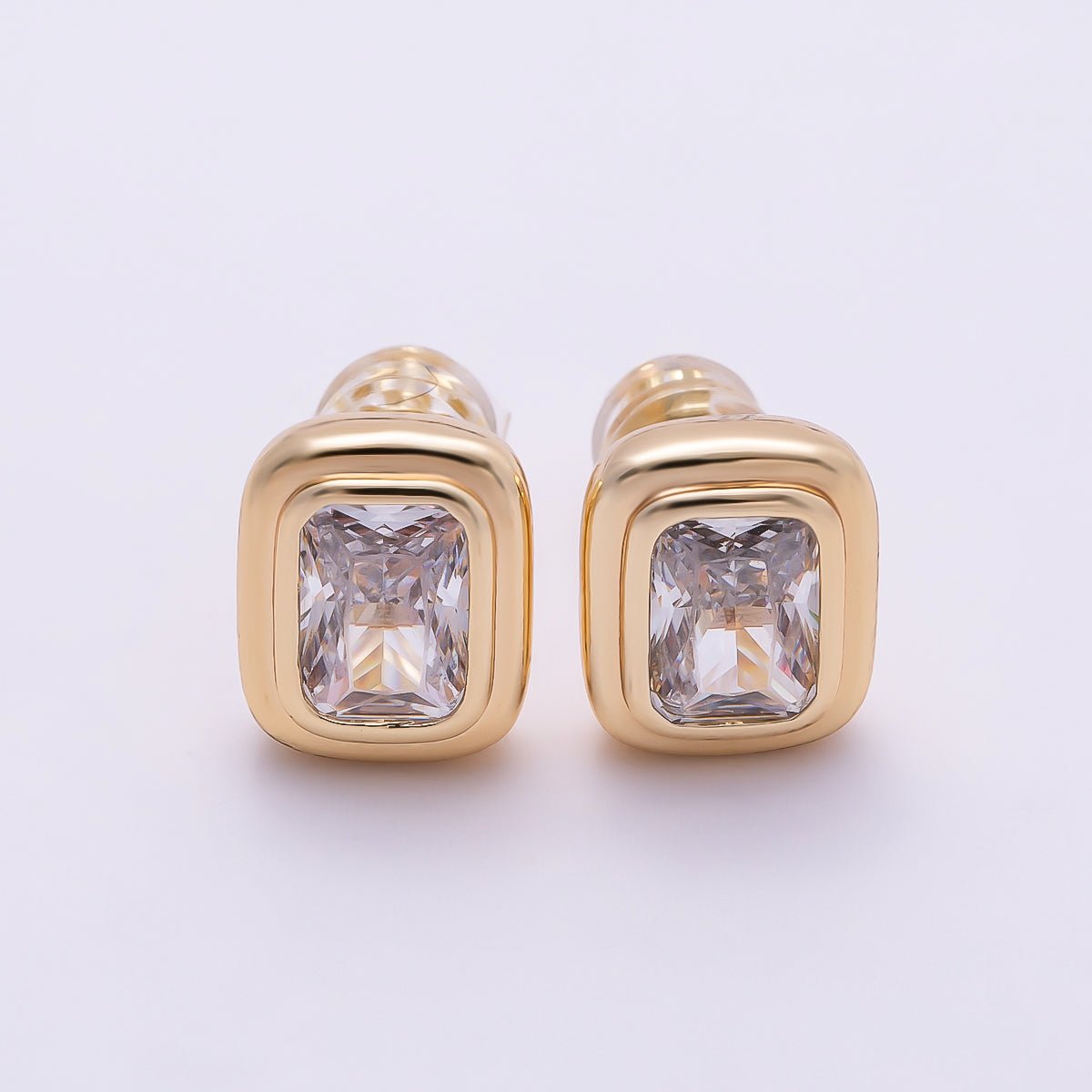 16K Gold Filled 10mm Clear CZ Baguette Bezel Stud Earrings in Gold & Silver | Earrings-00419 Earrings-00420 - DLUXCA