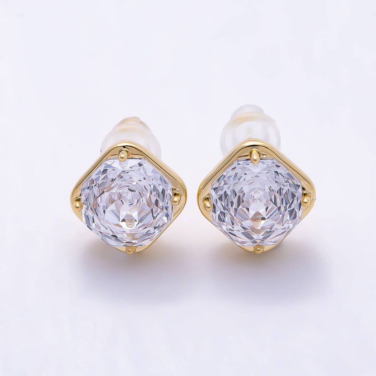 16K Gold Filled 10mm Clear CZ Rhombus Framed Radiant Solitaire Stud Earrings in Gold & Silver | Earrings-00765 - Earrings-00766 - DLUXCA