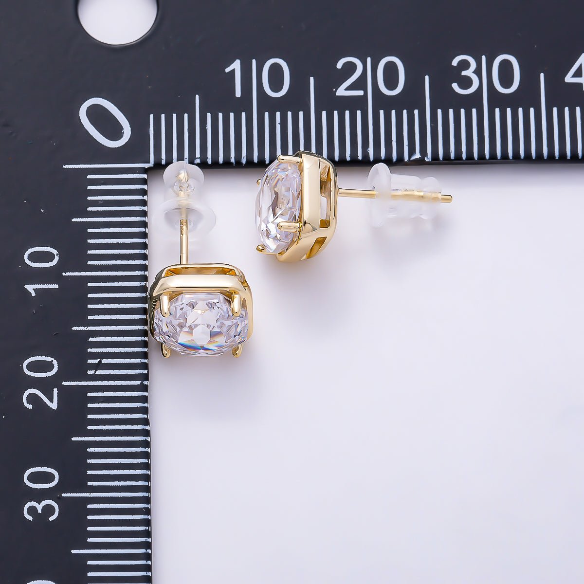 16K Gold Filled 10mm Clear CZ Rhombus Framed Radiant Solitaire Stud Earrings in Gold & Silver | Earrings-00765 - Earrings-00766 - DLUXCA