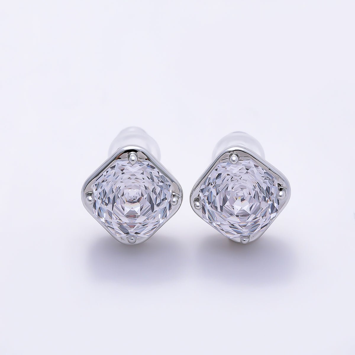 16K Gold Filled 10mm Clear CZ Rhombus Framed Radiant Solitaire Stud Earrings in Gold & Silver | Earrings-00765 - Earrings-00766 - DLUXCA