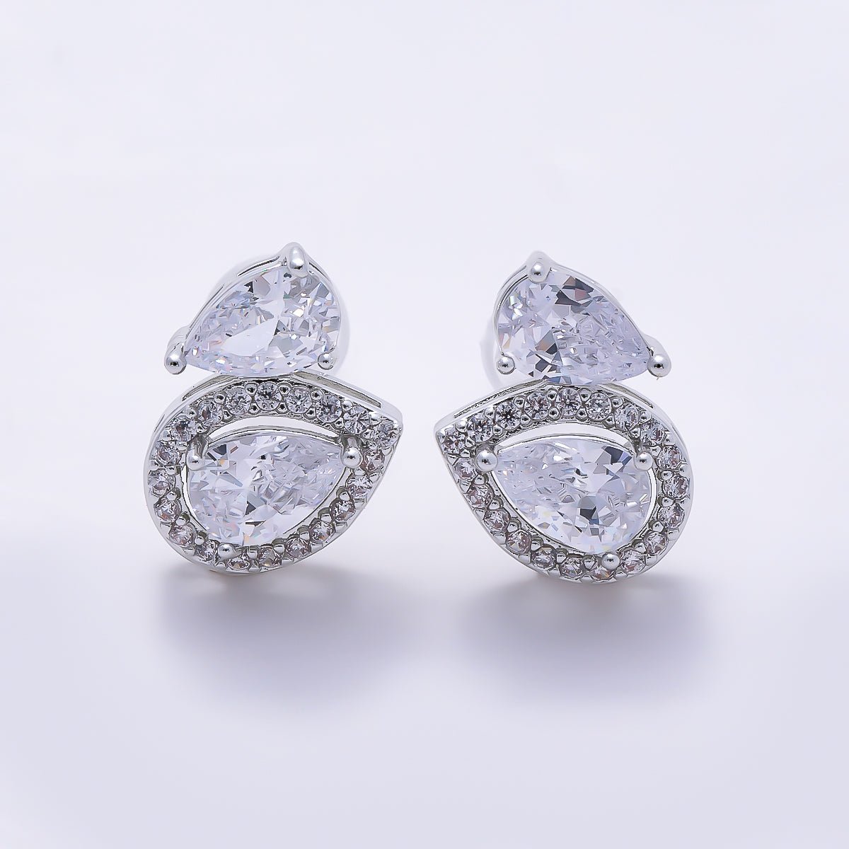 16K Gold Filled 10mm Clear Teardrop Micro Paved CZ Bezel Stud in Gold & Silver | Earrings-00773 Earrings-00774 - DLUXCA