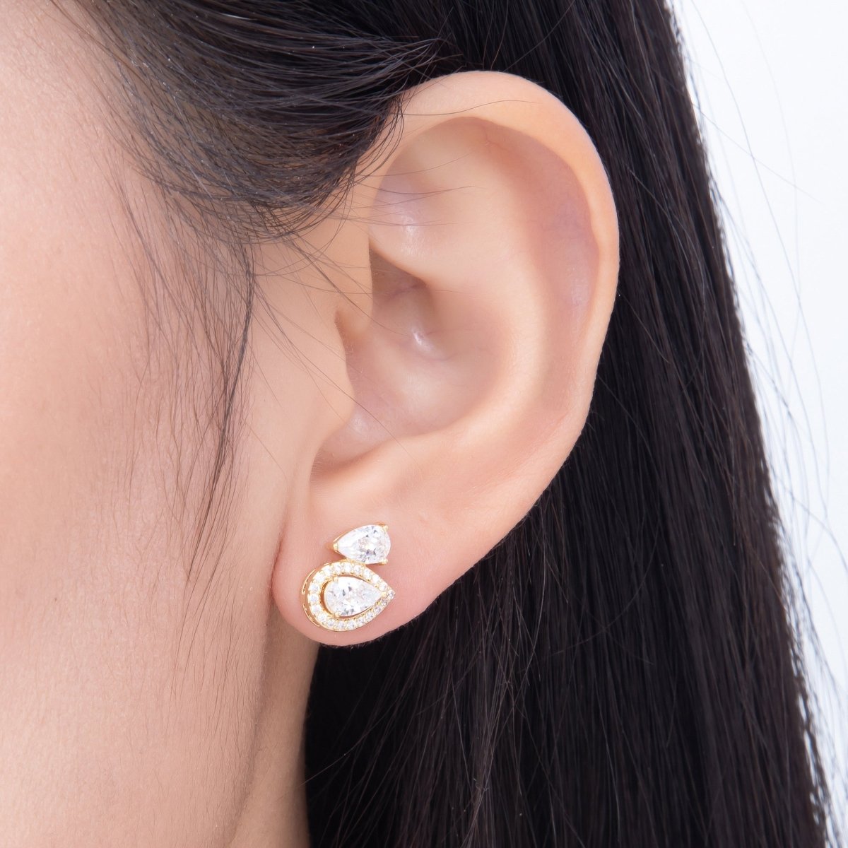 16K Gold Filled 10mm Clear Teardrop Micro Paved CZ Bezel Stud in Gold & Silver | Earrings-00773 Earrings-00774 - DLUXCA