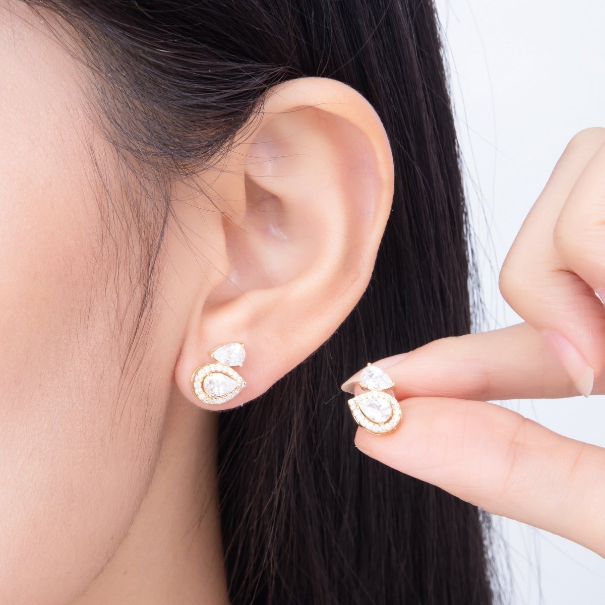16K Gold Filled 10mm Clear Teardrop Micro Paved CZ Bezel Stud in Gold & Silver | Earrings-00773 Earrings-00774 - DLUXCA
