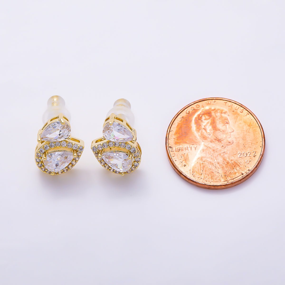 16K Gold Filled 10mm Clear Teardrop Micro Paved CZ Bezel Stud in Gold & Silver | Earrings-00773 Earrings-00774 - DLUXCA
