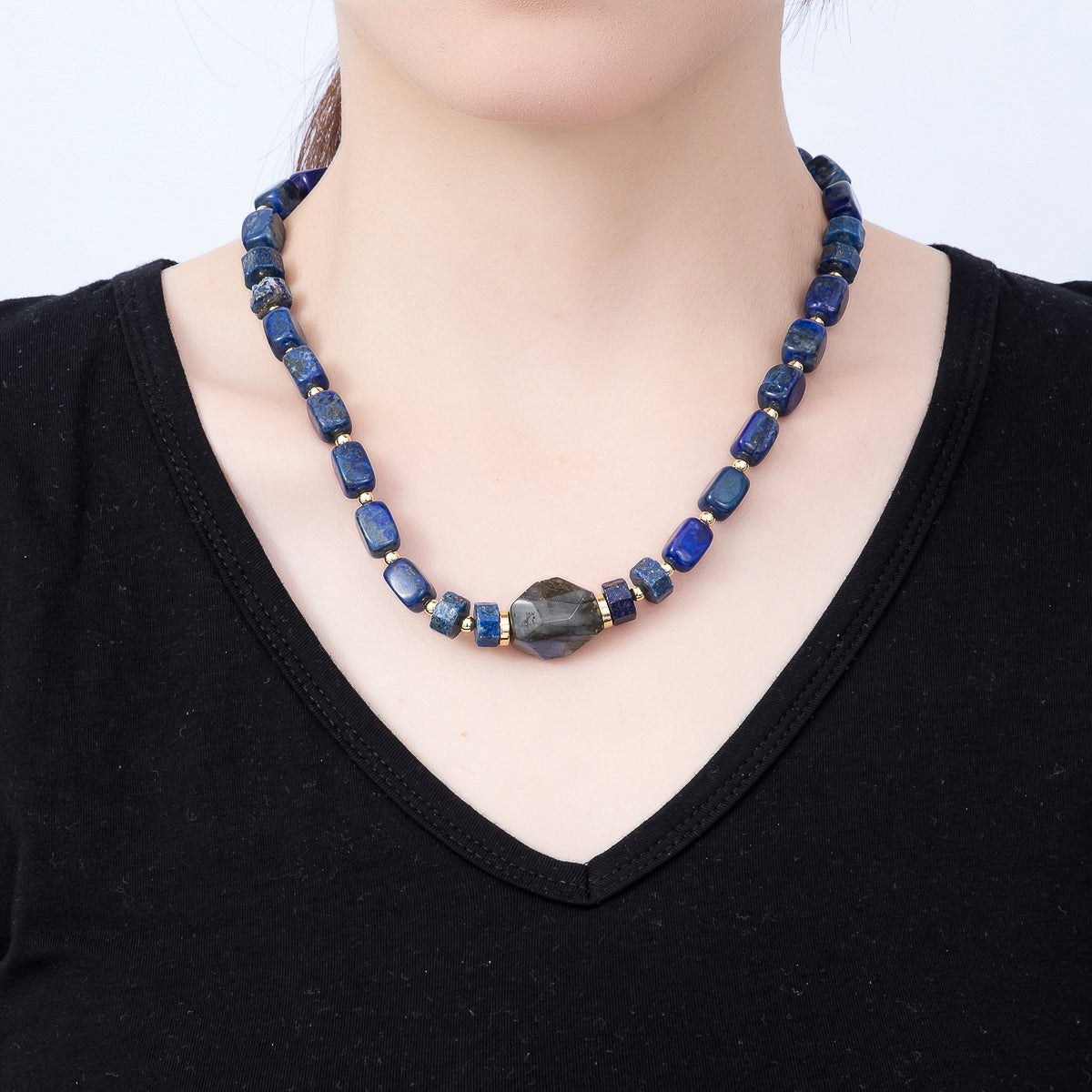 16K Gold Filled 10mm Lapis Lazuli Labradorite Tube Rectangle Gemstone Chain 19 Inch Necklace w. Push Gate Clasps | WA-00428 - DLUXCA