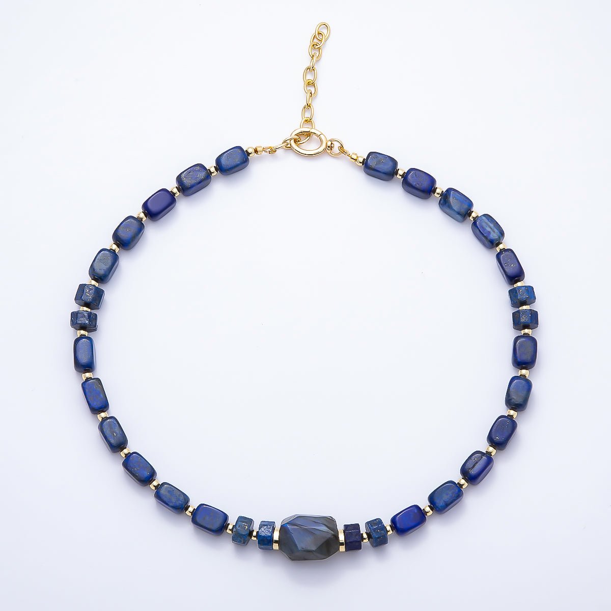 16K Gold Filled 10mm Lapis Lazuli Labradorite Tube Rectangle Gemstone Chain 19 Inch Necklace w. Push Gate Clasps | WA-00428 - DLUXCA