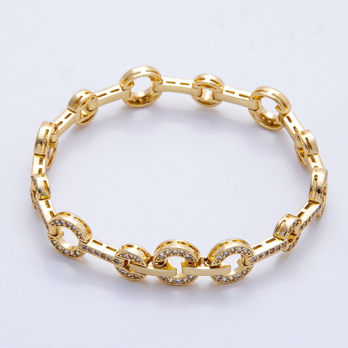 16K Gold Filled 10mm Micro Paved CZ Rolo Chain 7 Inch Adjustable Bracelet | WA - 04045 - DLUXCA