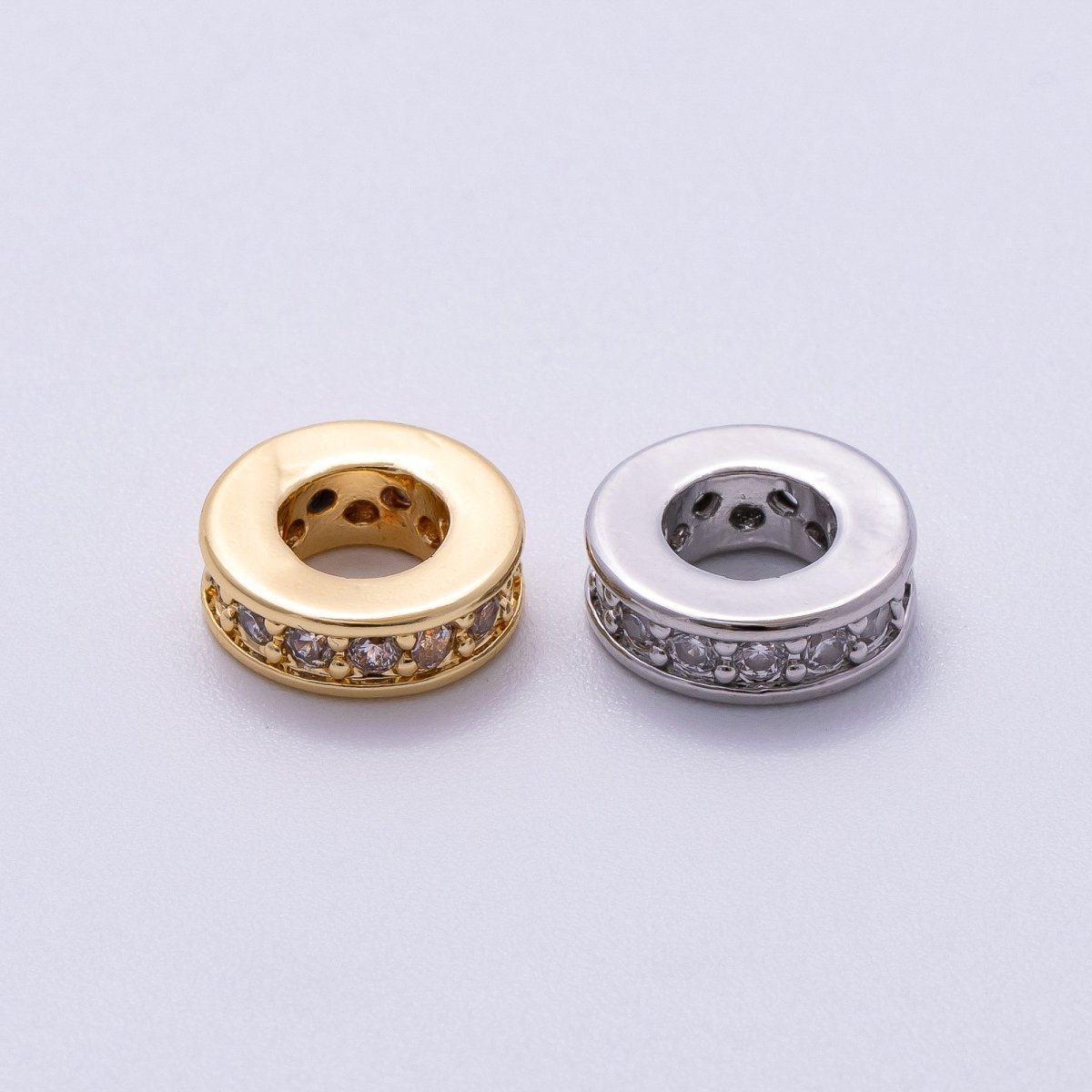 16K Gold Filled 10mm Micro Paved CZ Round Mini Spacer Rondelle in Gold & Silver | Beads - 00241 Beads - 00242 - DLUXCA