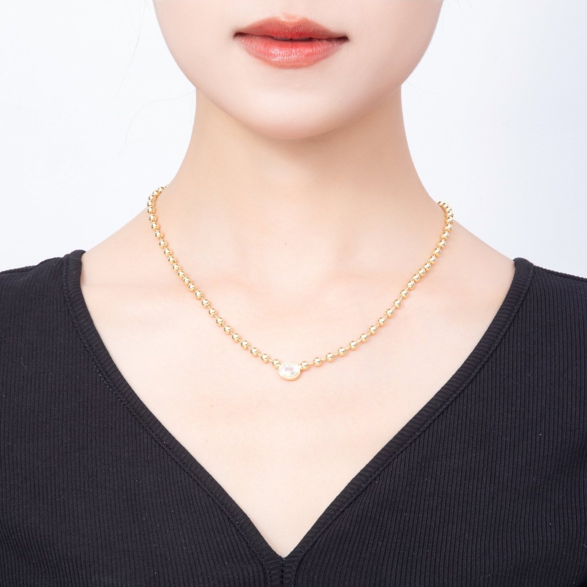 16K Gold Filled 10mm Oval Bezel CZ Minimalist Ball Chain 18 Inch Necklace | WA-00320 - DLUXCA