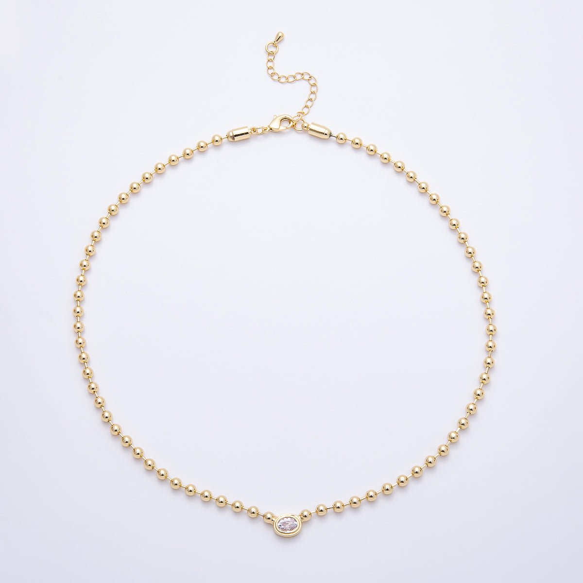 16K Gold Filled 10mm Oval Bezel CZ Minimalist Ball Chain 18 Inch Necklace | WA-00320 - DLUXCA