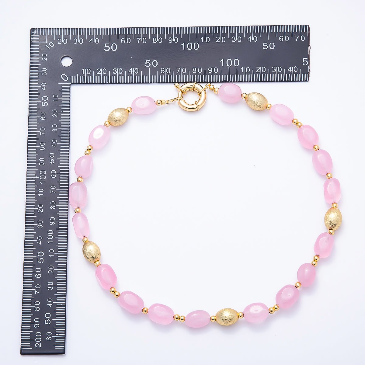 16K Gold Filled 10mm Pink Quartz Textured Bead Rectangle Gemstone Chain 19 Inch Necklace w. Sailor Clasps | WA-01958 - DLUXCA