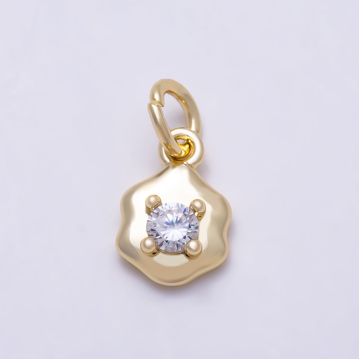 16K Gold Filled 10mm Scalloped Hexagon Solitaire Round CZ Charm | Charms-01644 - DLUXCA