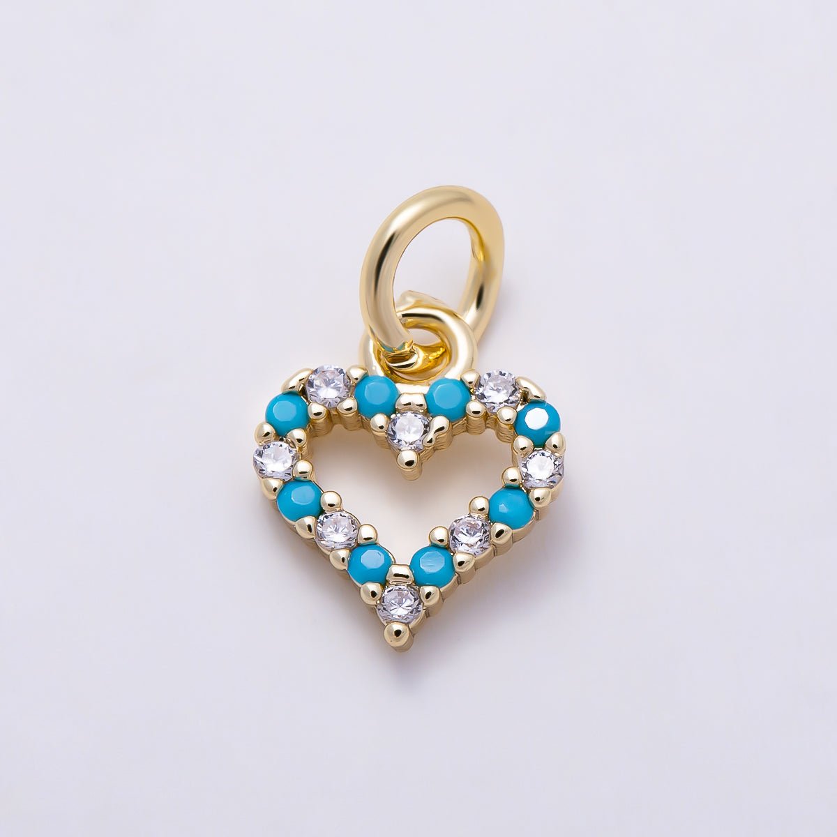 16K Gold Filled 10mm Turquoise and Clear CZ Open Heart Charm | Charms-01622 - DLUXCA