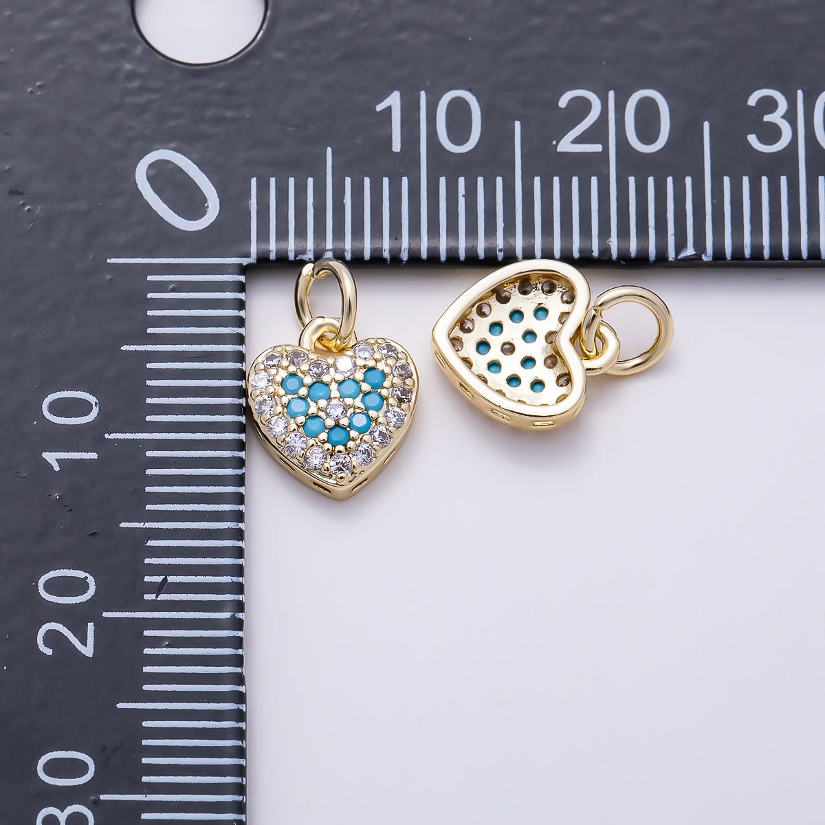 16K Gold Filled 10mm Turquoise and Clear Micro Paved CZ Puffy Heart Charm | Charms-01617 - DLUXCA