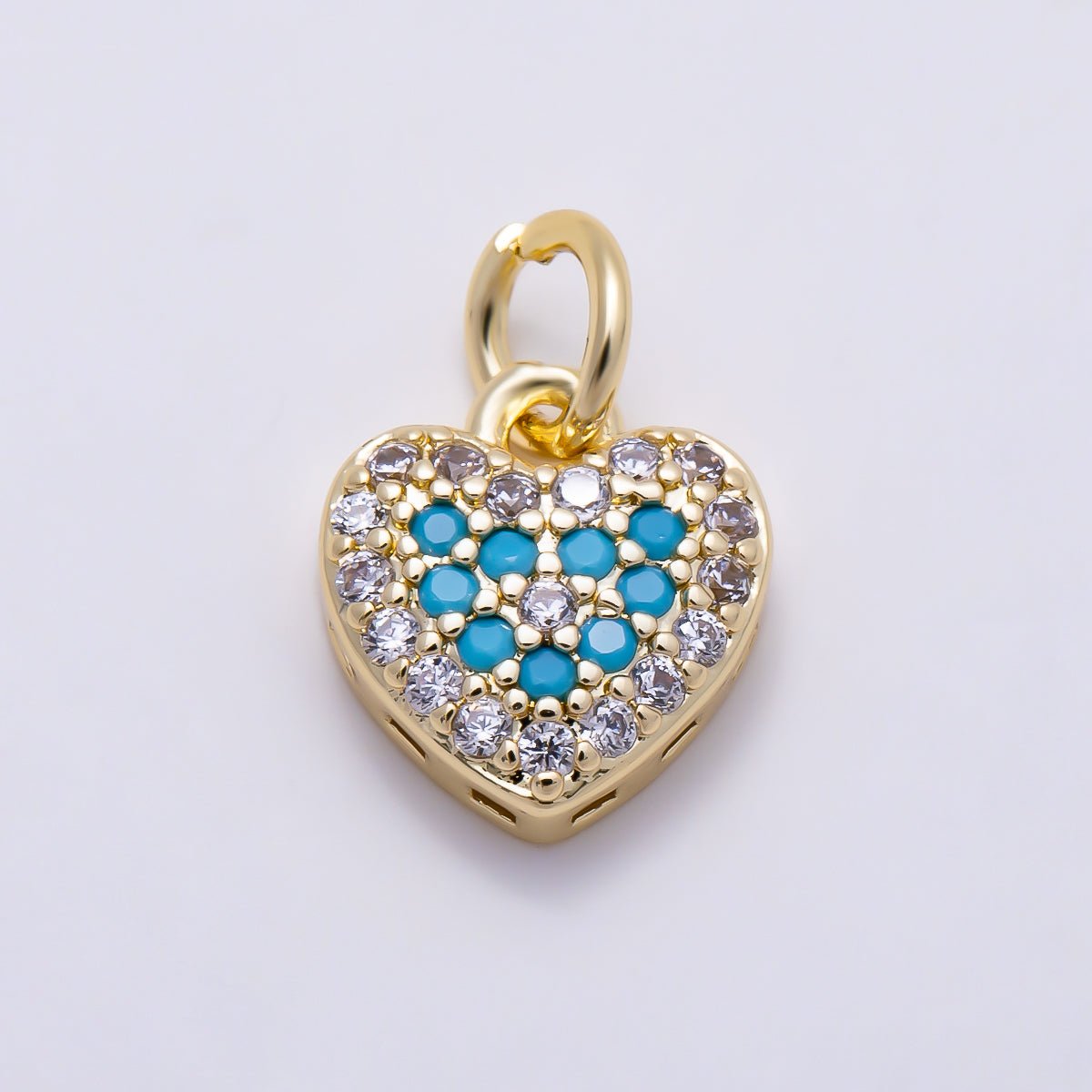 16K Gold Filled 10mm Turquoise and Clear Micro Paved CZ Puffy Heart Charm | Charms-01617 - DLUXCA