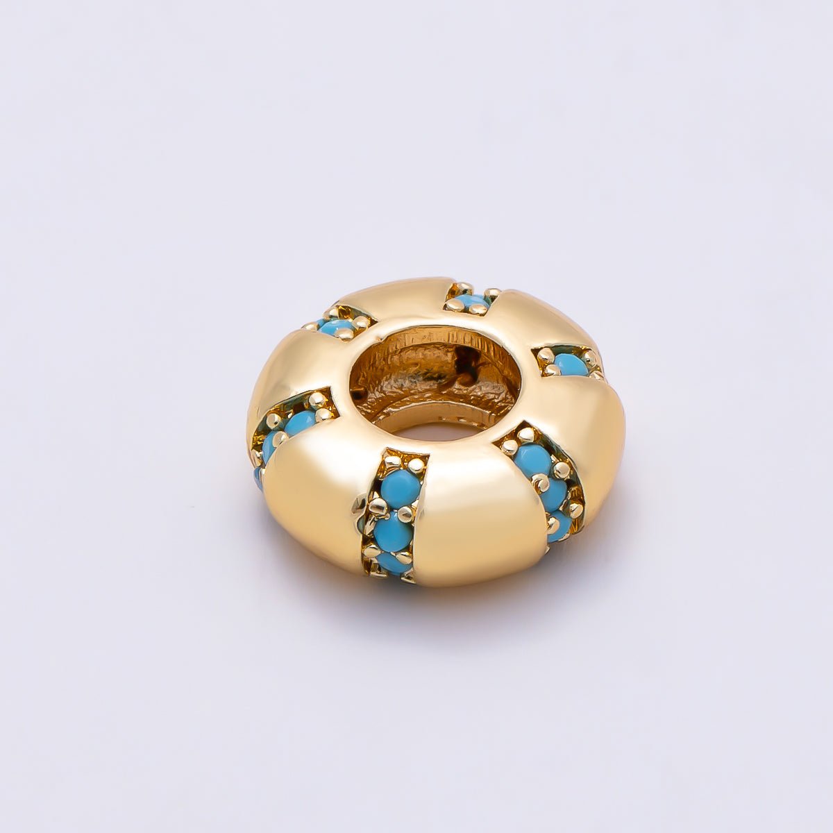 16K Gold Filled 10mm Turquoise Micro Paved Lined Rondelle Bead in Gold & Silver | Beads-00516 Beads-00517 - DLUXCA