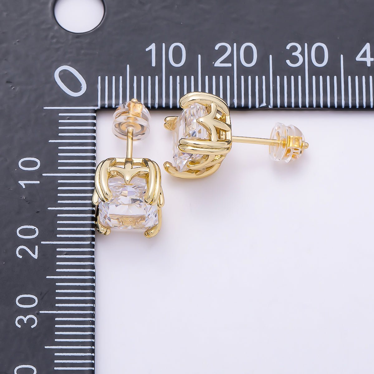 16K Gold Filled 11.5mm Clear CZ Baguette Claw Prong Stud | Earrings-00693 - DLUXCA