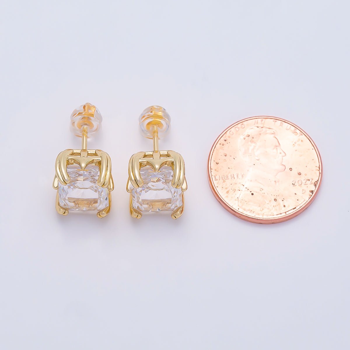 16K Gold Filled 11.5mm Clear CZ Baguette Claw Prong Stud | Earrings-00693 - DLUXCA