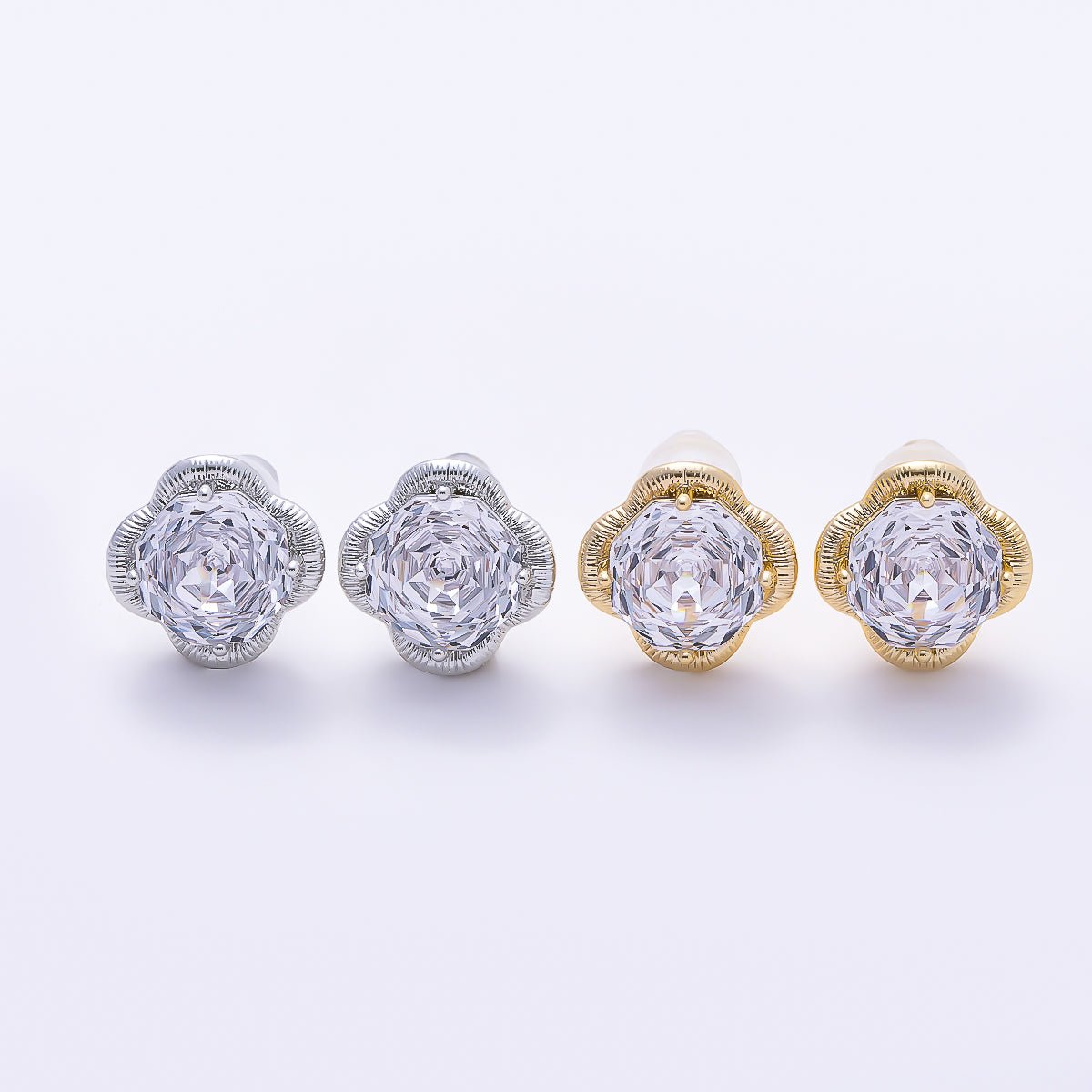 16K Gold Filled 11.5mm Clear CZ Hexagon Ribbed Flower Stud in Gold & Silver | Earrings-00767 Earrings-00768 - DLUXCA