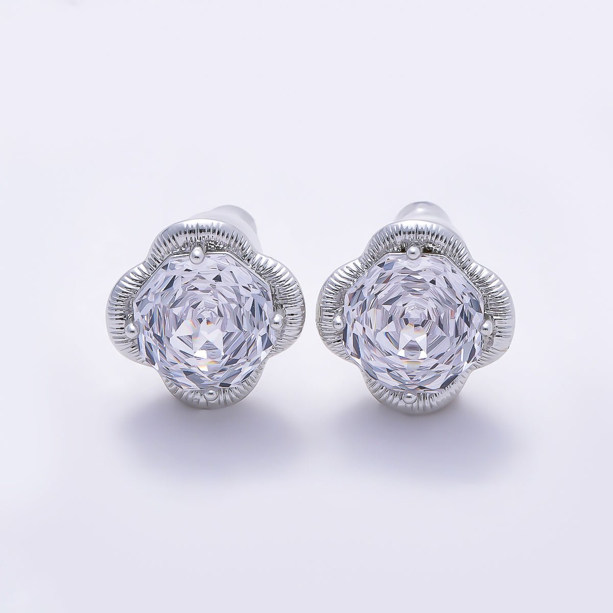 16K Gold Filled 11.5mm Clear CZ Hexagon Ribbed Flower Stud in Gold & Silver | Earrings-00767 Earrings-00768 - DLUXCA
